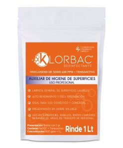 Klor bac 600 PPM Trocloseno de Sodio NaDCC + tensoactivo ( detergente ) Sin colorante Sobre de 2 gramos polvo granulado para 1 litro
