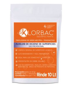 Klor bac 600 PPM Trocloseno de Sodio NaDCC + tensoactivo ( detergente ) Sin colorante Sobre de 20 gramos polvo granulado para 10 litros