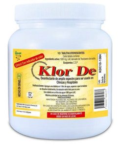 Klor De 1000 ppm Trocloseno de Sodio NaDCC + tensoactivo (detergente) y un colorante azul bote con 10 Tabletas