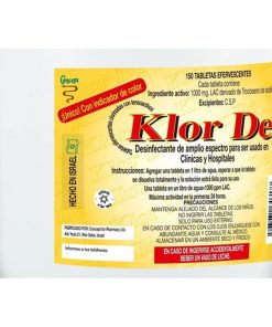 Alternative view of KLOR DE 1000 PPM TROCLOSENO DE SODIO NADCC CON UN TENSOACTIVO-DETERGENTE Y UN COLORANTE AZUL. TABLETA EFERVESCENTE PARA DISOLVER EN 1 LITRO DE AGUA Y OBTENER 1000 PPM DE CLORO LATENTE ACTIVO (LAC). ENVASE C0N 150 TABLETAS. CLAVE DEL IMSS 350.286.0459.00.00