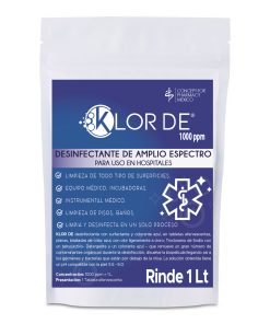 Klor De 1000 ppm Trocloseno de Sodio NaDCC + tensoactivo (detergente) y un colorante azul Sobre de 1 Tableta efervescente para 1 litro