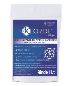 Klor De 1000 ppm Trocloseno de Sodio NaDCC + tensoactivo (detergente) y un colorante azul Sobre de 2 gramos polvo granulado para 1 litro.