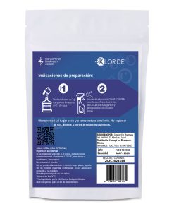 Alternative view of Klor De 1000 ppm Trocloseno de Sodio NaDCC + tensoactivo (detergente) y un colorante azul Sobre de 2 gramos polvo granulado para 1 litro.