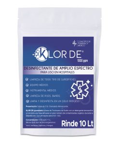KLOR DE 1000 PPM TROCLOSENO DE SODIO NADCC CON UN TENSOACTIVO-DETERGENTE Y UN COLORANTE AZUL. SOBRE EN POLVO CON 20 GR PARA 10 LITROS DE AGUA. 2 GR EN LITRO DE AGUA PARA OBTENER 1000 PPM DE CLORO LATENTE ACTIVO (LAC) CLAVE DEL IMSS 350.286.0426.00.00